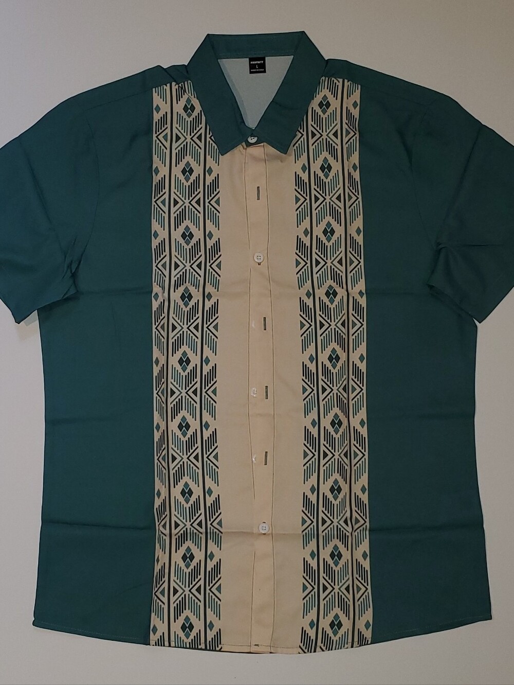 Men's Teal and Cream Short Sleeve Button-Down Shirt